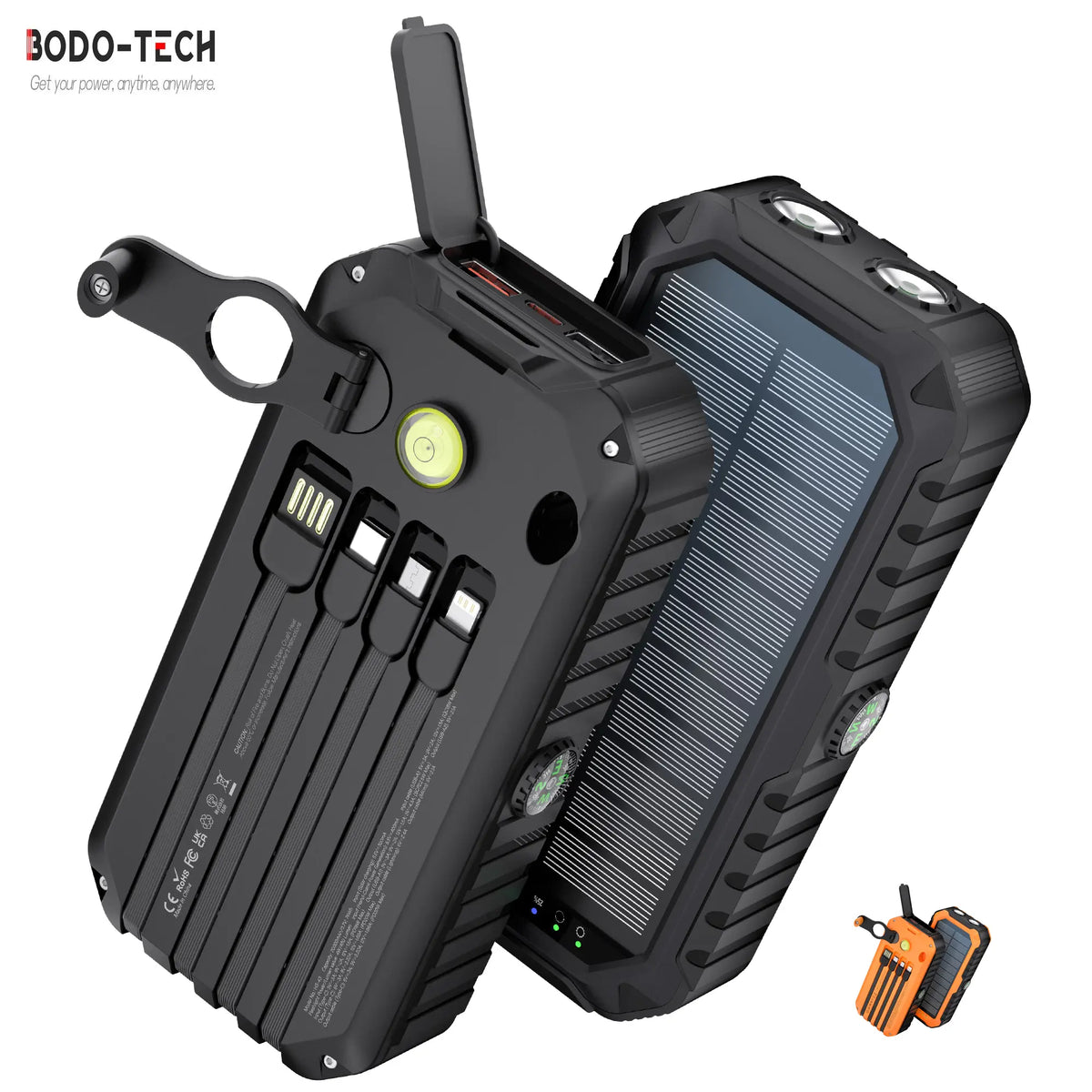 Bodo-Tech 40,000Mah Solar Power Bank with Hand Crank- Fast Charging, 6 Outputs, 4 Built-In Cables (Usb-C/Lightning/Micro/Usb-A), Camp& Emergency Chargeable Battey Power Bank Campingessentials, Outdoor Essentials Black/Orange,Smartphone Accessories, Flash