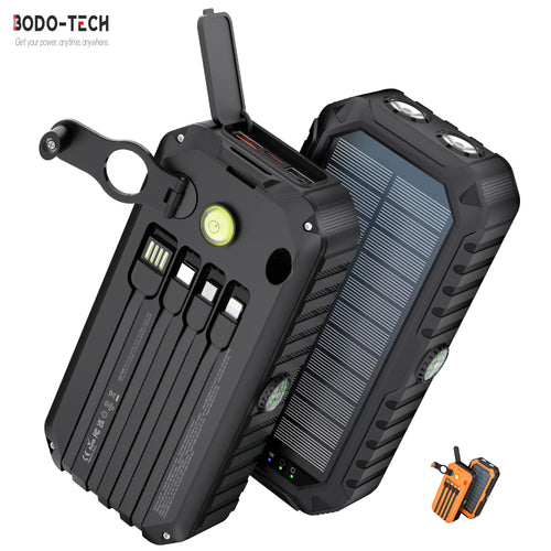 Bodo-Tech 40,000Mah Solar Power Bank with Hand Crank- Fast Charging, 6 Outputs, 4 Built-In Cables (Usb-C/Lightning/Micro/Usb-A), Camp& Emergency Chargeable Battey Power Bank Campingessentials, Outdoor Essentials Black/Orange,Smartphone Accessories, Flash