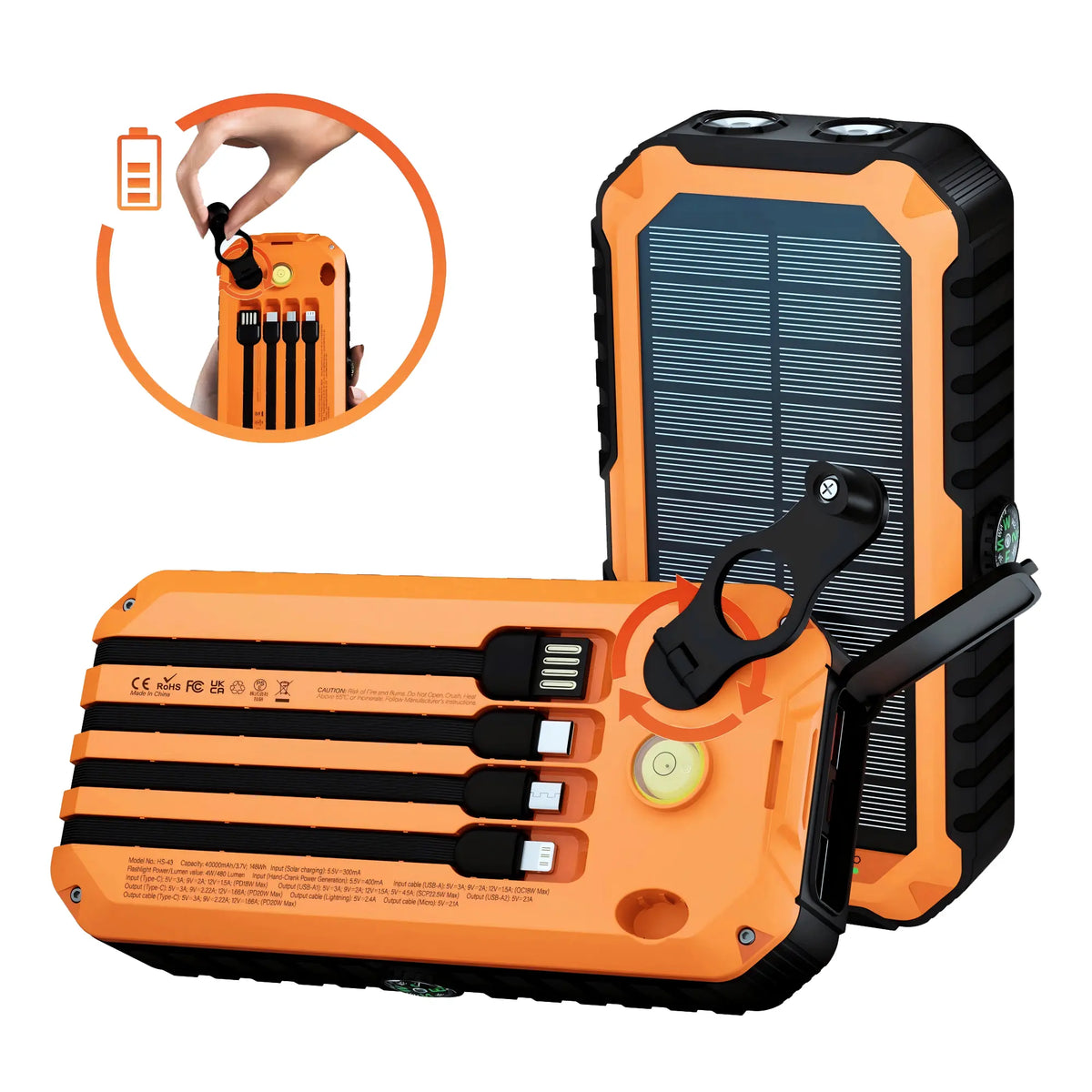 Bodo-Tech 40,000Mah Solar Power Bank with Hand Crank- Fast Charging, 6 Outputs, 4 Built-In Cables (Usb-C/Lightning/Micro/Usb-A), Camp& Emergency Chargeable Battey Power Bank Campingessentials, Outdoor Essentials Black/Orange,Smartphone Accessories, Flash