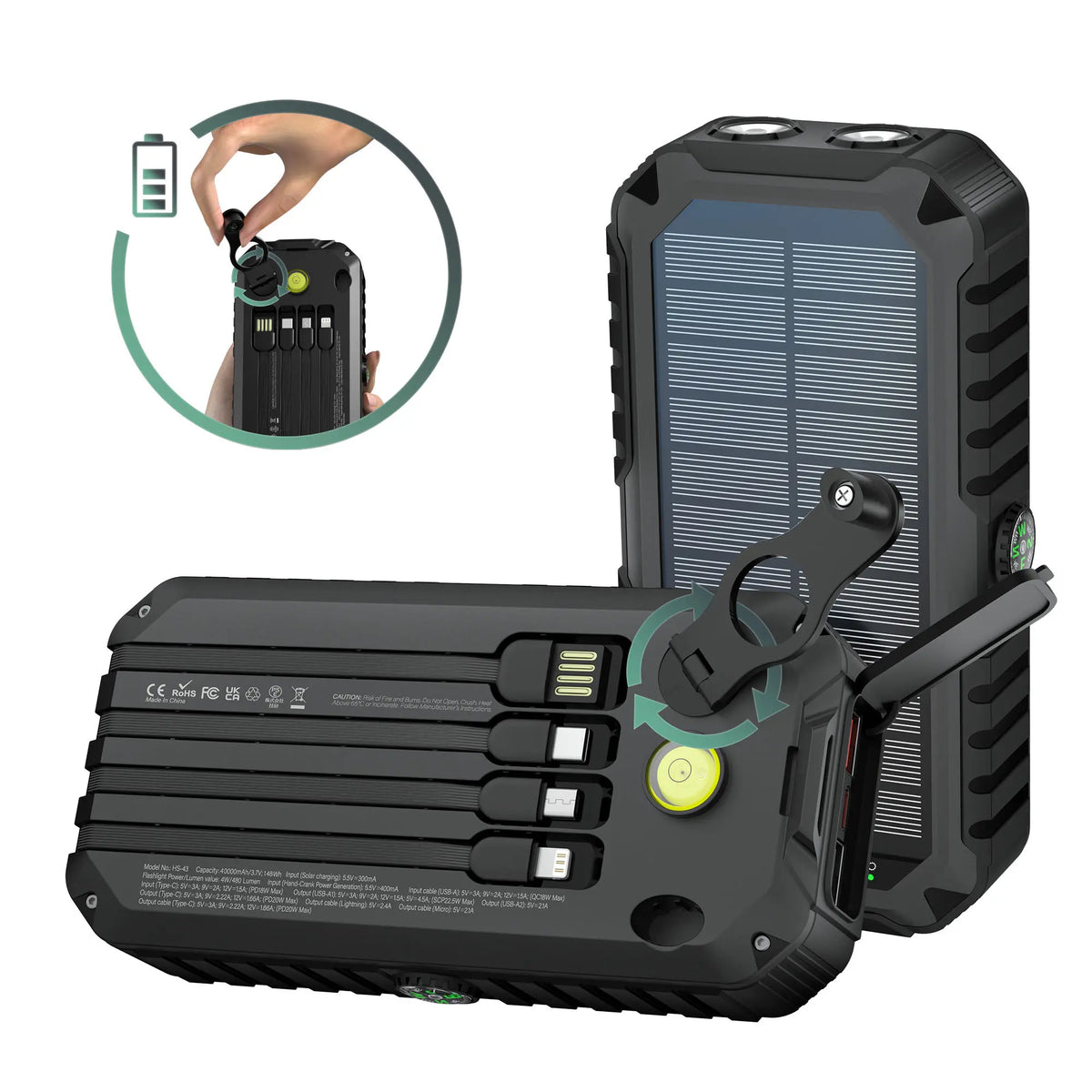 Bodo-Tech 40,000Mah Solar Power Bank with Hand Crank- Fast Charging, 6 Outputs, 4 Built-In Cables (Usb-C/Lightning/Micro/Usb-A), Camp& Emergency Chargeable Battey Power Bank Campingessentials, Outdoor Essentials Black/Orange,Smartphone Accessories, Flash